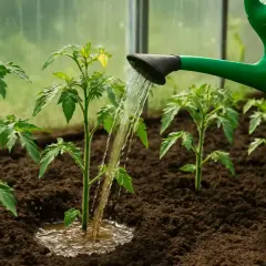 Młode sadzonki pomidorów w szklarni podlewane są wodą z konewki. Woda rozpuszcza nawóz organiczny, dostarczając roślinom niezbędnych składników odżywczych.