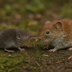 Dwa małe gryzonie, nornica i ryjówka, patrzą na siebie na tle mchu.