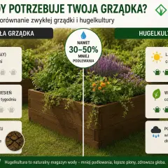 Porównanie grządek: zwykła vs. hugelkultura. Hugelkultura zatrzymuje wilgoć, dzięki czemu ziemia kompostowa dłużej pozostaje nawodniona.