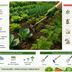 Pielenie grządki z warzywami, ręczne usuwanie chwastów. Alternatywa dla chemicznych środków, jak Dursban zamiennik, to ekologiczne metody.