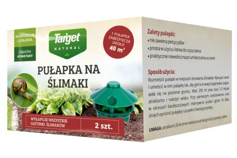 Opakowanie pułapki na ślimaki Target Natural. Instrukcja podpowiada, jak zrobić pułapkę na ślimaki z piwa, używając dołączonego atraktantu.