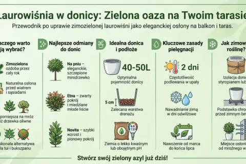 Laurowiśnia w donicy: przewodnik po uprawie zimozielonej rośliny na taras. Porady dotyczące wyboru odmian, donicy, pielęgnacji i zimowania.