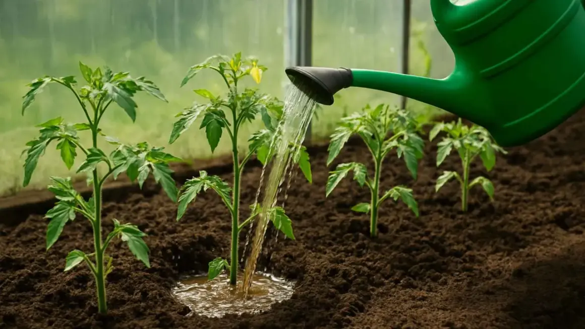 Młode sadzonki pomidorów w szklarni podlewane są wodą z konewki. Woda rozpuszcza nawóz organiczny, dostarczając roślinom niezbędnych składników odżywczych.