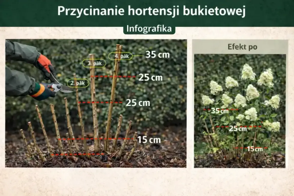 Instrukcja, jak przycinać hortensje ogrodową. Pokazano przycinanie pędów na różne wysokości (15, 25, 35 cm) i efekt po zabiegu.