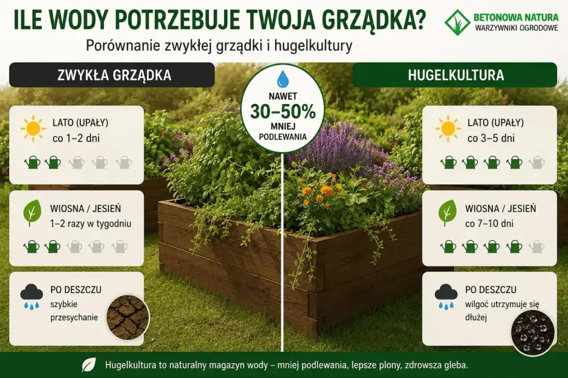 Porównanie grządek: zwykła vs. hugelkultura. Hugelkultura zatrzymuje wilgoć, dzięki czemu ziemia kompostowa dłużej pozostaje nawodniona.