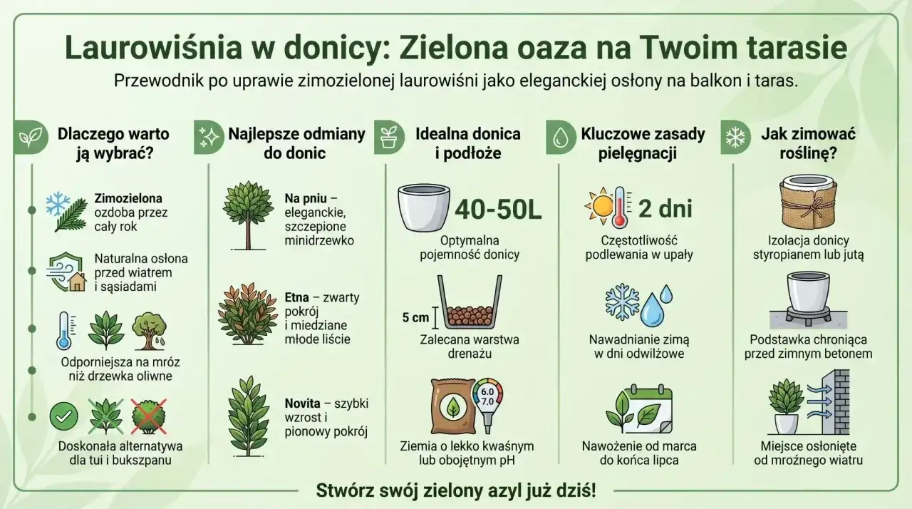 Laurowiśnia w donicy na balkonie i tarasie - jak ją prowadzić?