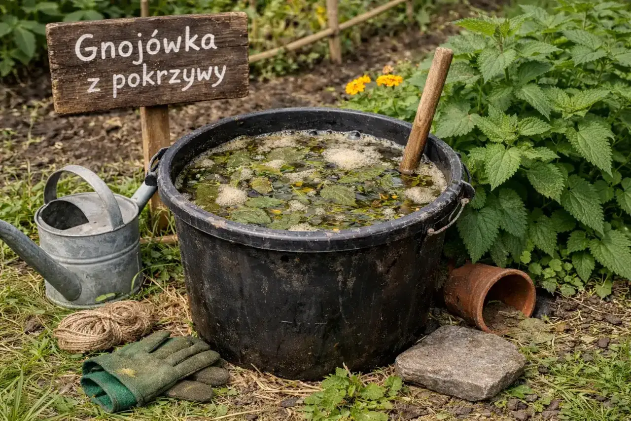 Gnojówka z pokrzyw w czarnym wiadrze, obok konewka i rękawice. Znak informuje o zawartości.