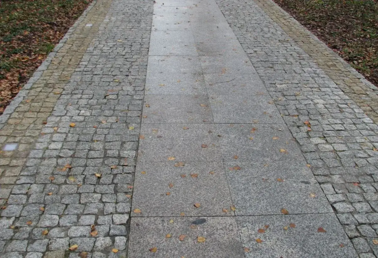 Kamienny podjazd z kostki brukowej i płyt granitowych, ozdobiony jesiennymi liśćmi.