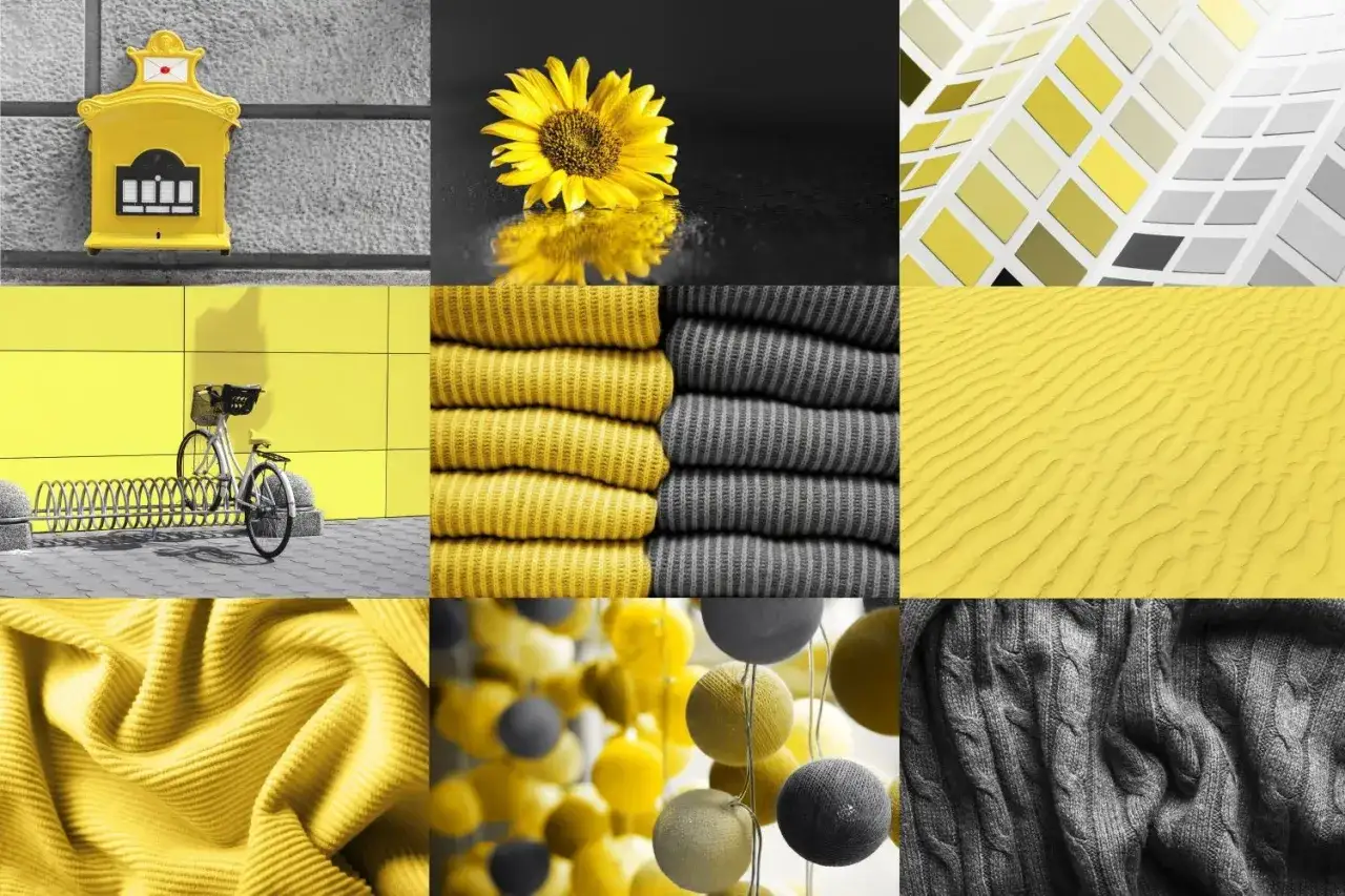 Moodboard co to? Kolaż żółtych i szarych tekstur: słonecznik, piasek, swetry, tkaniny, pocztowy, rower.