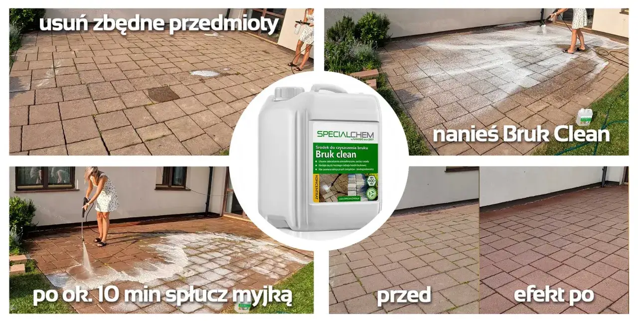 Mycie kostki brukowej cena: porównanie efektów przed i po zastosowaniu środka Bruk Clean. Szybkie i skuteczne czyszczenie.