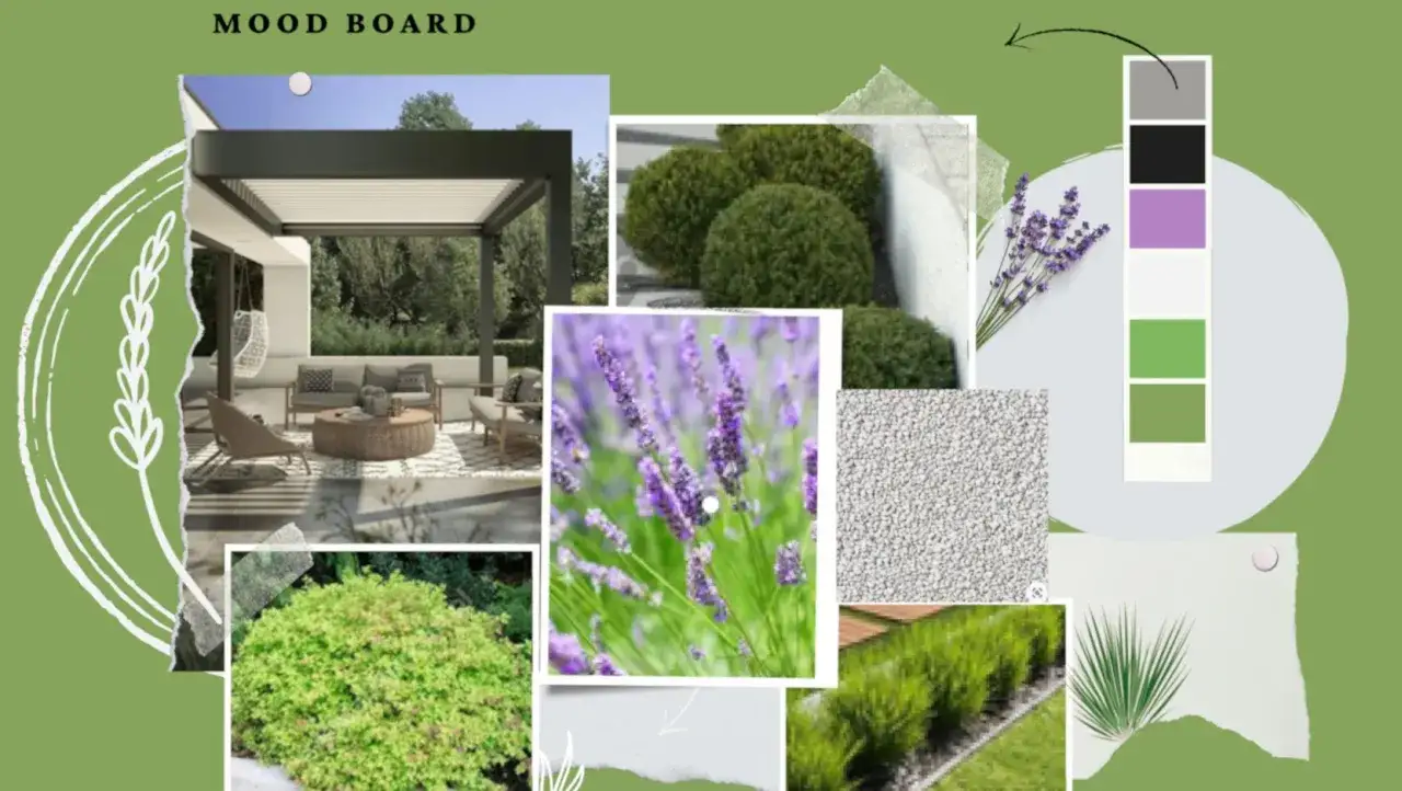 Moodboard co to? Inspiracje na ogród: nowoczesna pergola, lawenda, bukszpany, kamyczki i paleta zieleni.