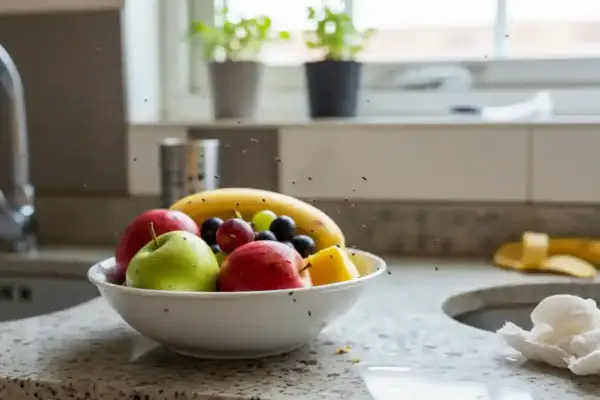 Miseczka owoców na blacie kuchennym, wokół której latają małe czarne muszki w domu, nie owocówki.