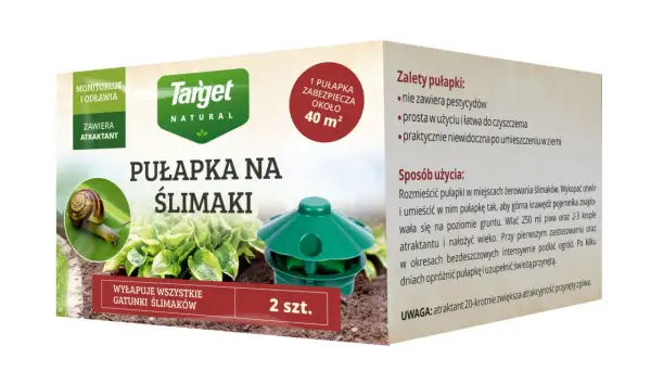 Opakowanie pułapki na ślimaki Target Natural. Instrukcja podpowiada, jak zrobić pułapkę na ślimaki z piwa, używając dołączonego atraktantu.