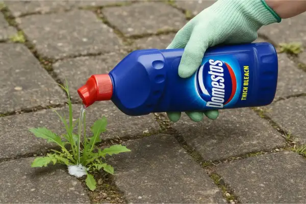 Rękawiczka w zielonej rękawicy wylewa płyn z niebieskiej butelki Domestos na chwasty rosnące między płytkami chodnikowymi.